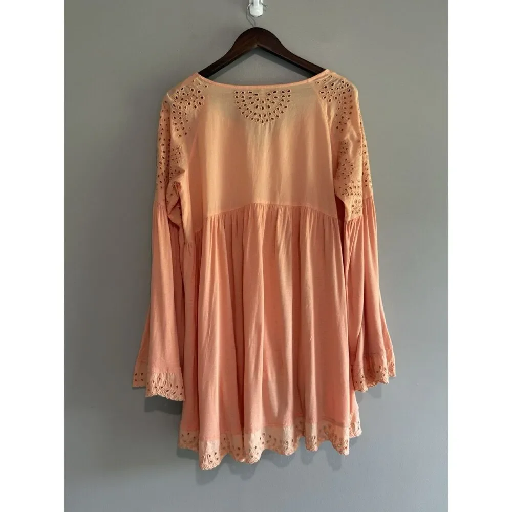 Free People Sea Of Love Tunic Top Peach Eyelet Bell Sleeve Blouse Boho Sequin Lg